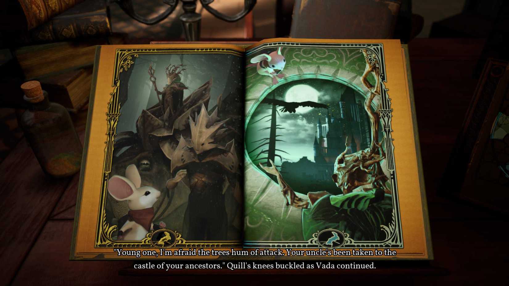 Moss The Forgotten Relic book pages showing the events of the story