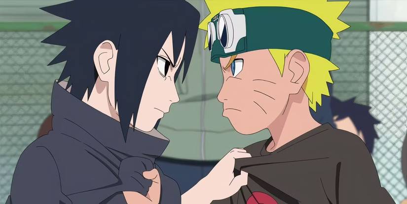 Naruto and Sasuke grab each others' collars and glare in Naruto