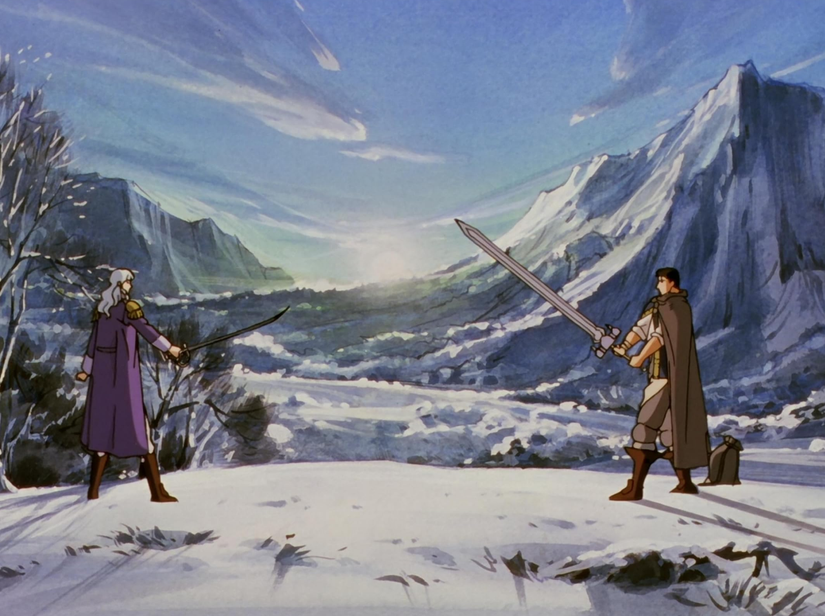 Guts and Griffith face one another against a wintry backdrop in Berserk