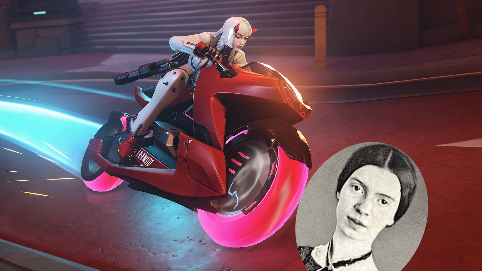 Shion riding her motorcycle, preparing to run over a portrait of Emily Dickinson