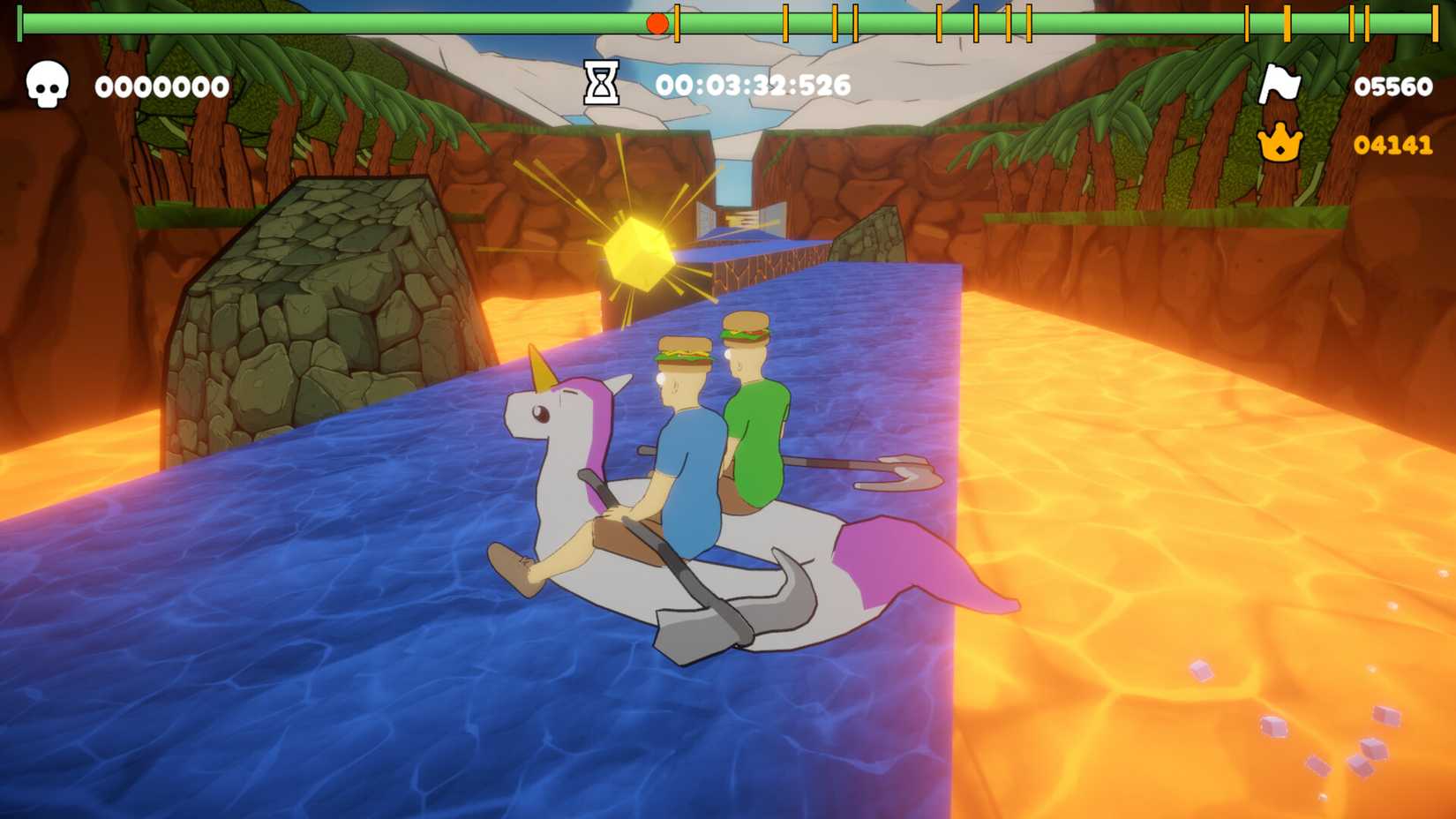 The Steam friendslop hit, Paddle Paddle Paddle. Two men wearing burger hats sit on top of a unicorn boat as they make their way through water surrounded by lava.