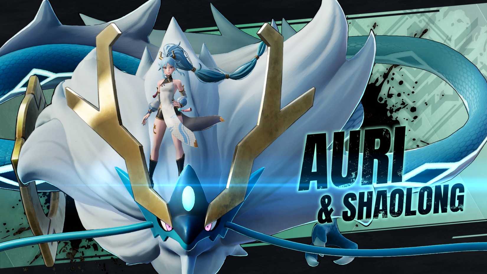 Auri, a woman with a huge blue ponytail, stands on the head of Shaolong, a Chinese-inspired dragon in Palworld