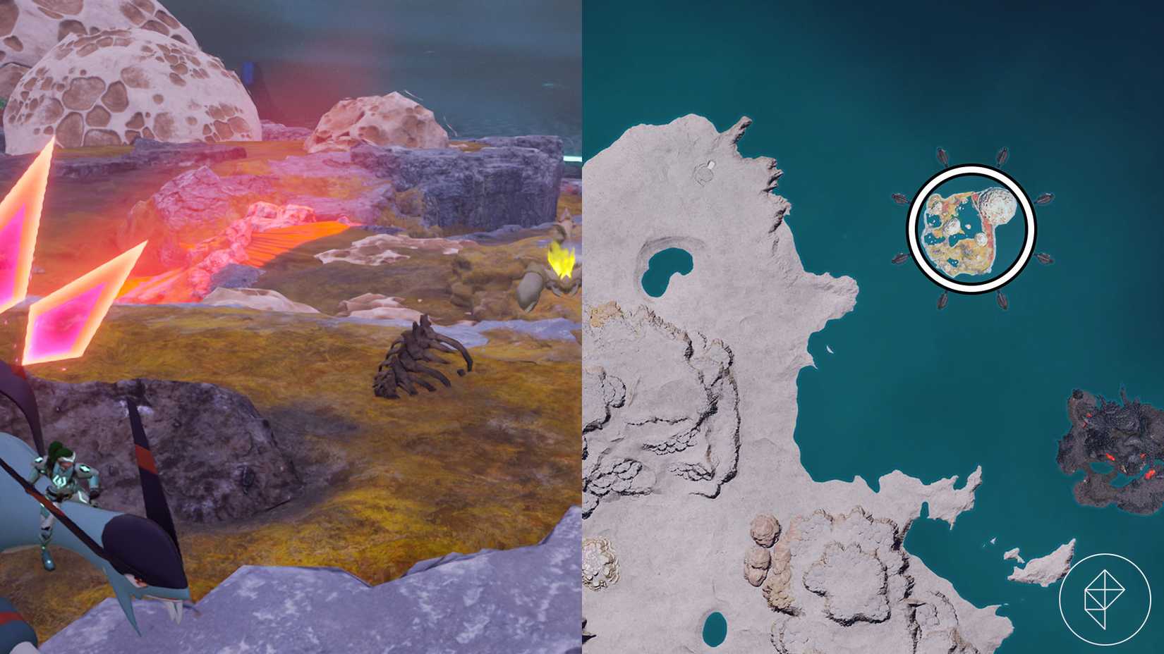 A montage with two Palworld screenshots showing where players can find ancient bones