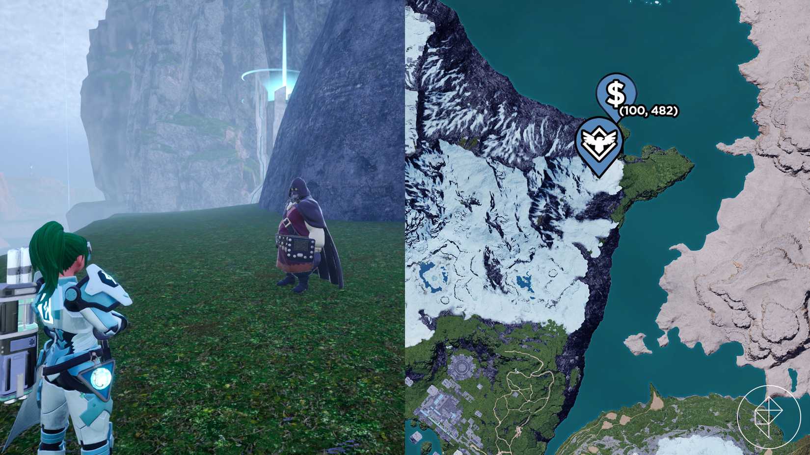 A montage of two Palworld screenshot showing the location of a Black Marketeer