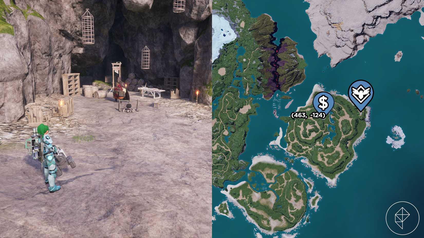 A montage of two Palworld screenshot showing the location of a Black Marketeer
