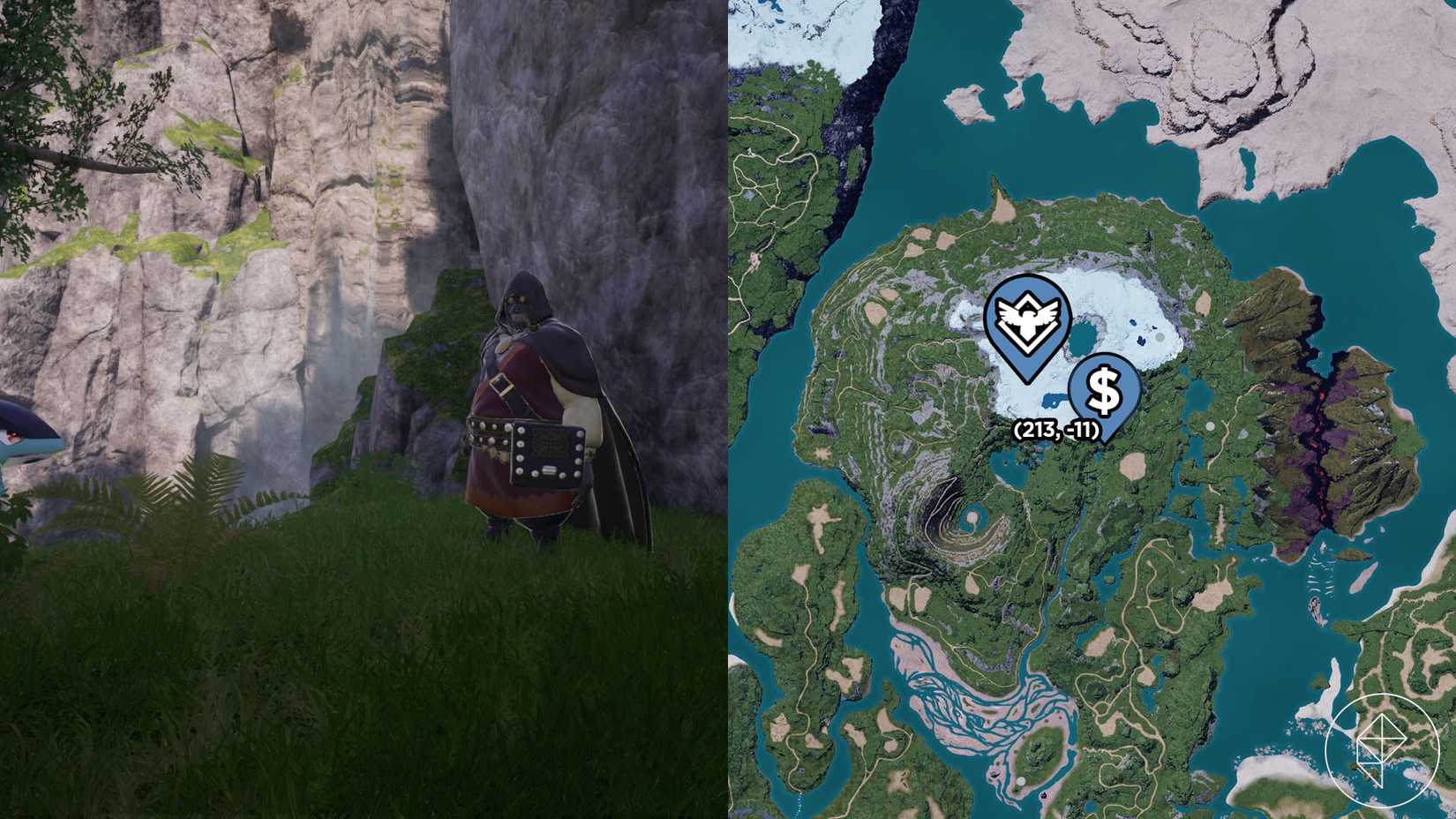 A montage of two Palworld screenshot showing the location of a Black Marketeer