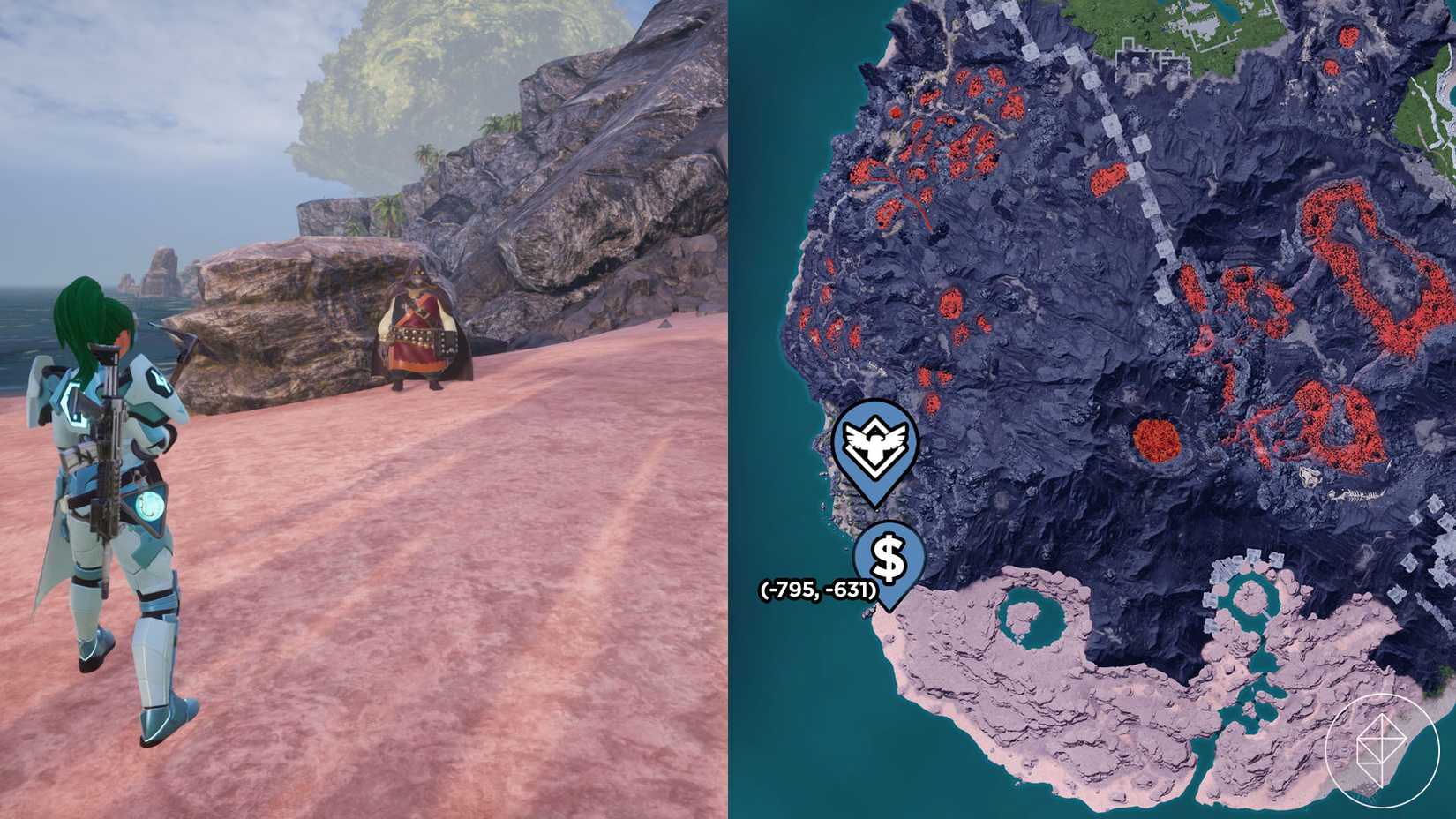 A montage of two Palworld screenshot showing the location of a Black Marketeer