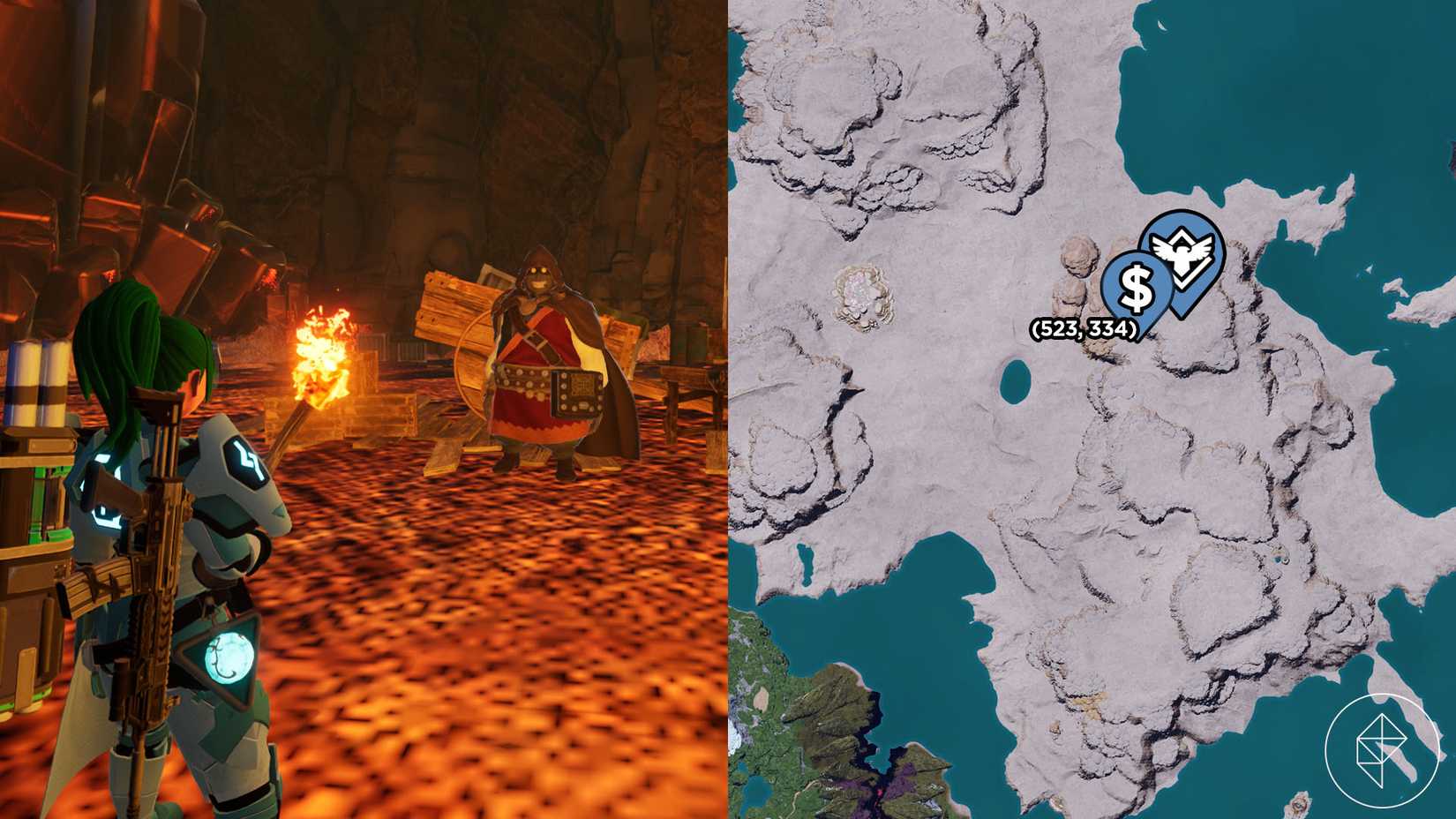 A montage of two Palworld screenshot showing the location of a Black Marketeer