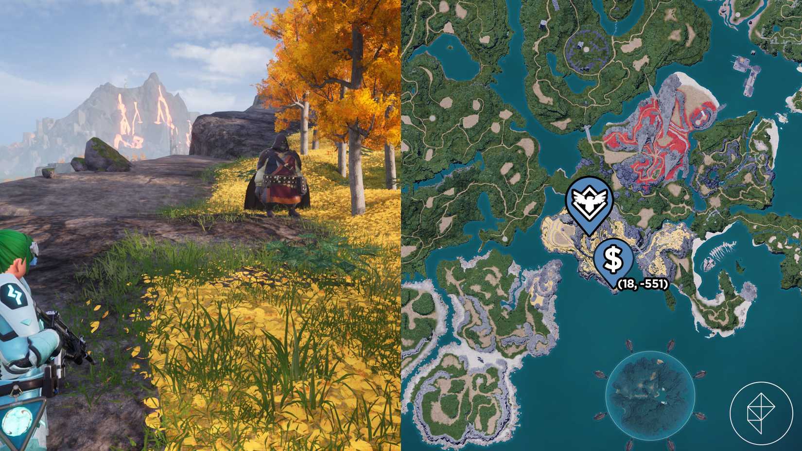 A montage of two Palworld screenshot showing the location of a Black Marketeer