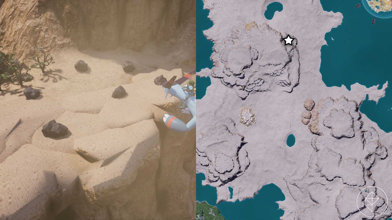 A montage with two Palworld screenshots showing where players can find coal nodes