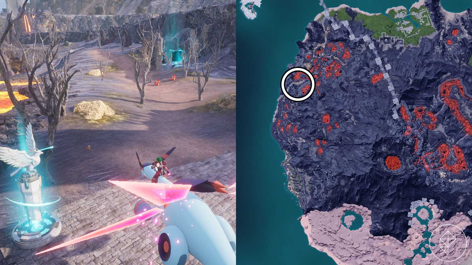 A montage with two Palworld screenshots showing where players can find hardwood trees