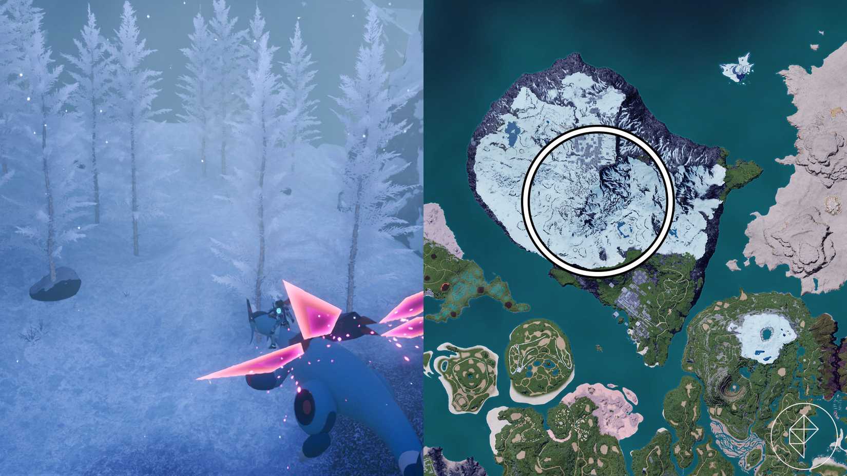 A montage with two Palworld screenshots showing where players can find hardwood trees