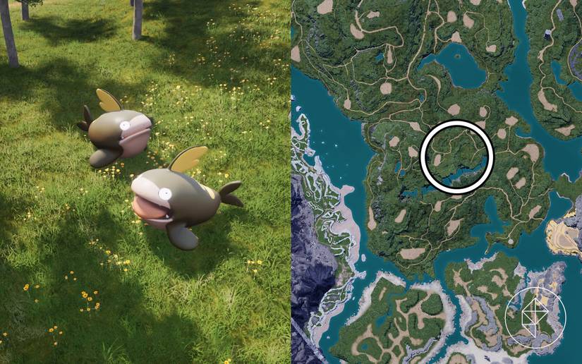 A montage of two Palworld images showing where you can locate a Dumud in the mid/early game
