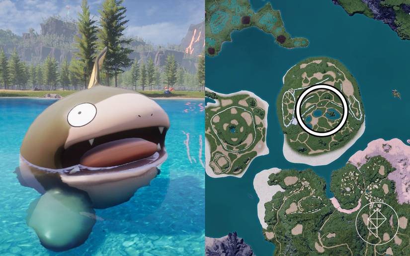 A montage of two Palworld images showing the location of the level-14 Dumud boss fight