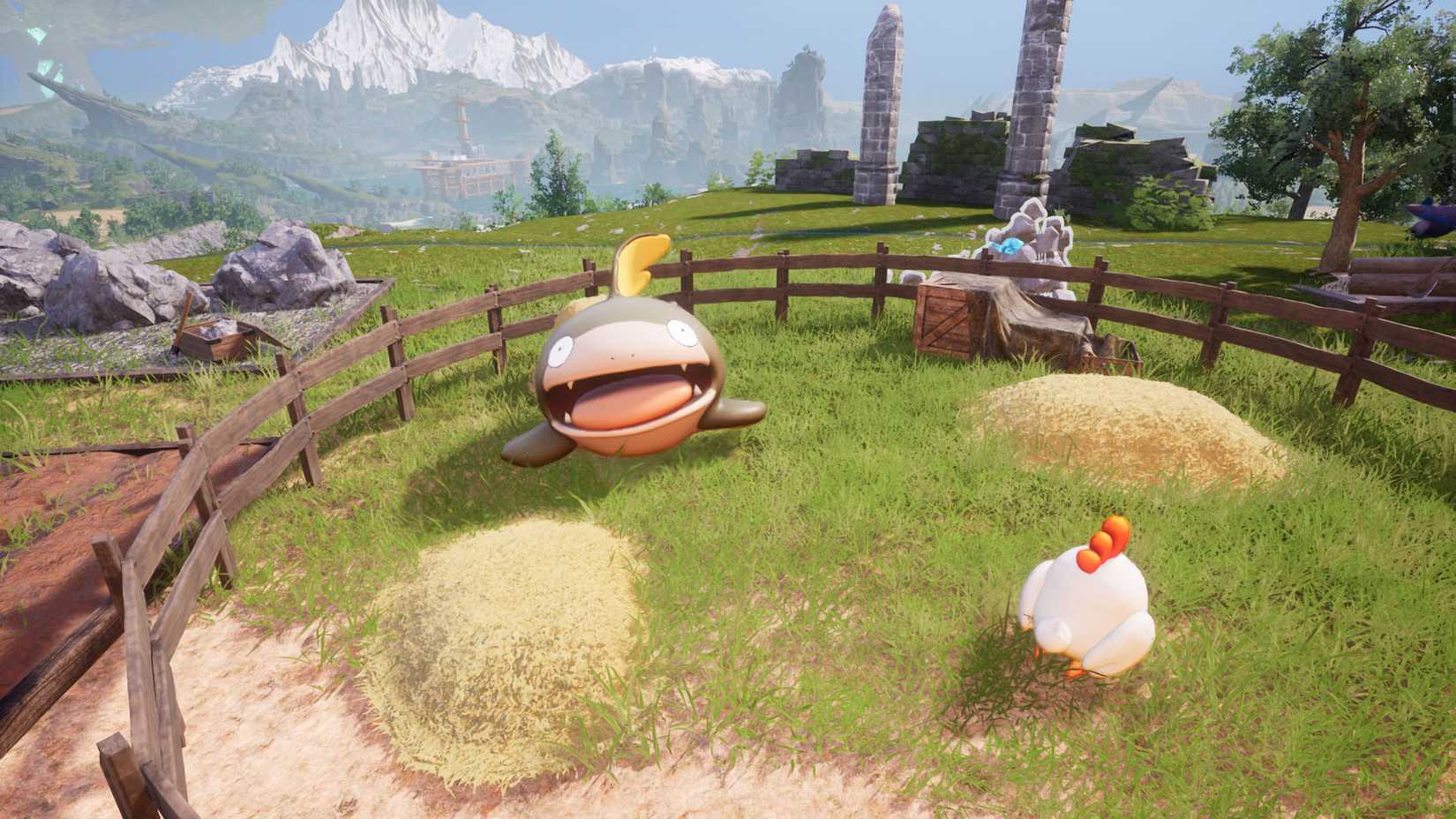 A Palworld screenshot showing a Dumud inside a ranch