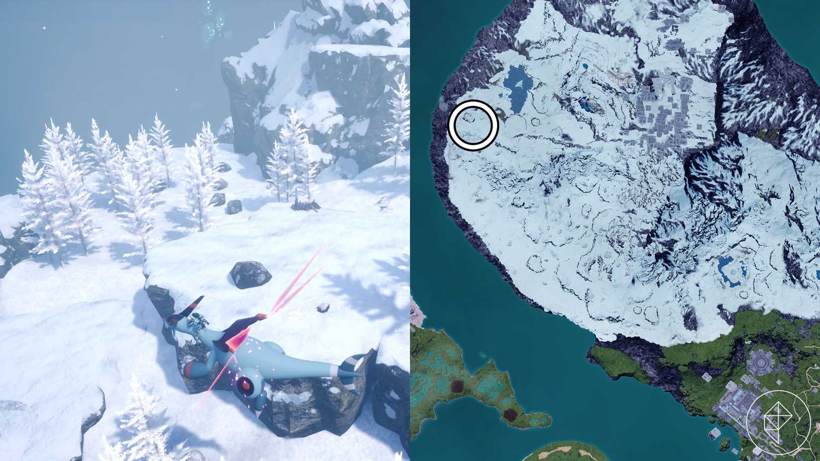 A montage of two Palworld images showing a location where players can find pure quartz