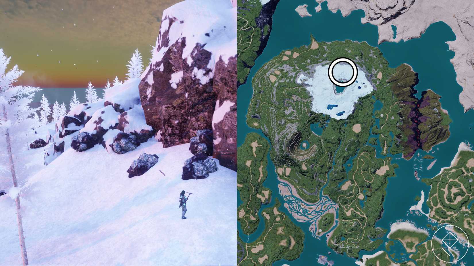 A montage of two Palworld images showing a location where players can find pure quartz nodes
