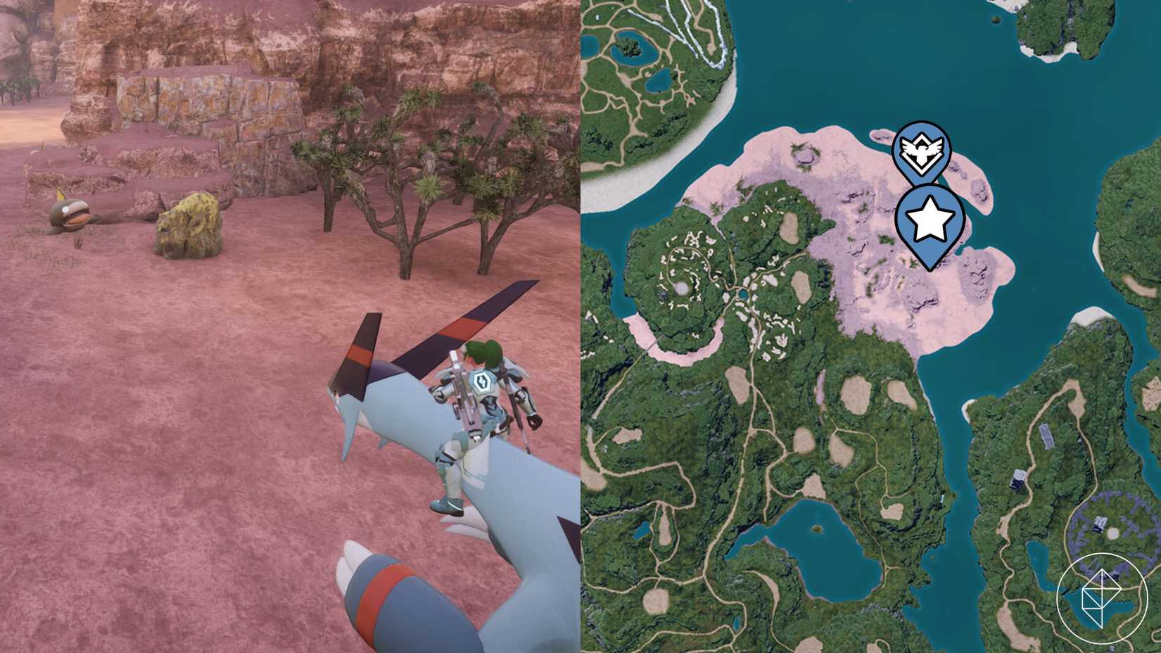 A montage of two Palworld screenshot showing the location of a sulfur node