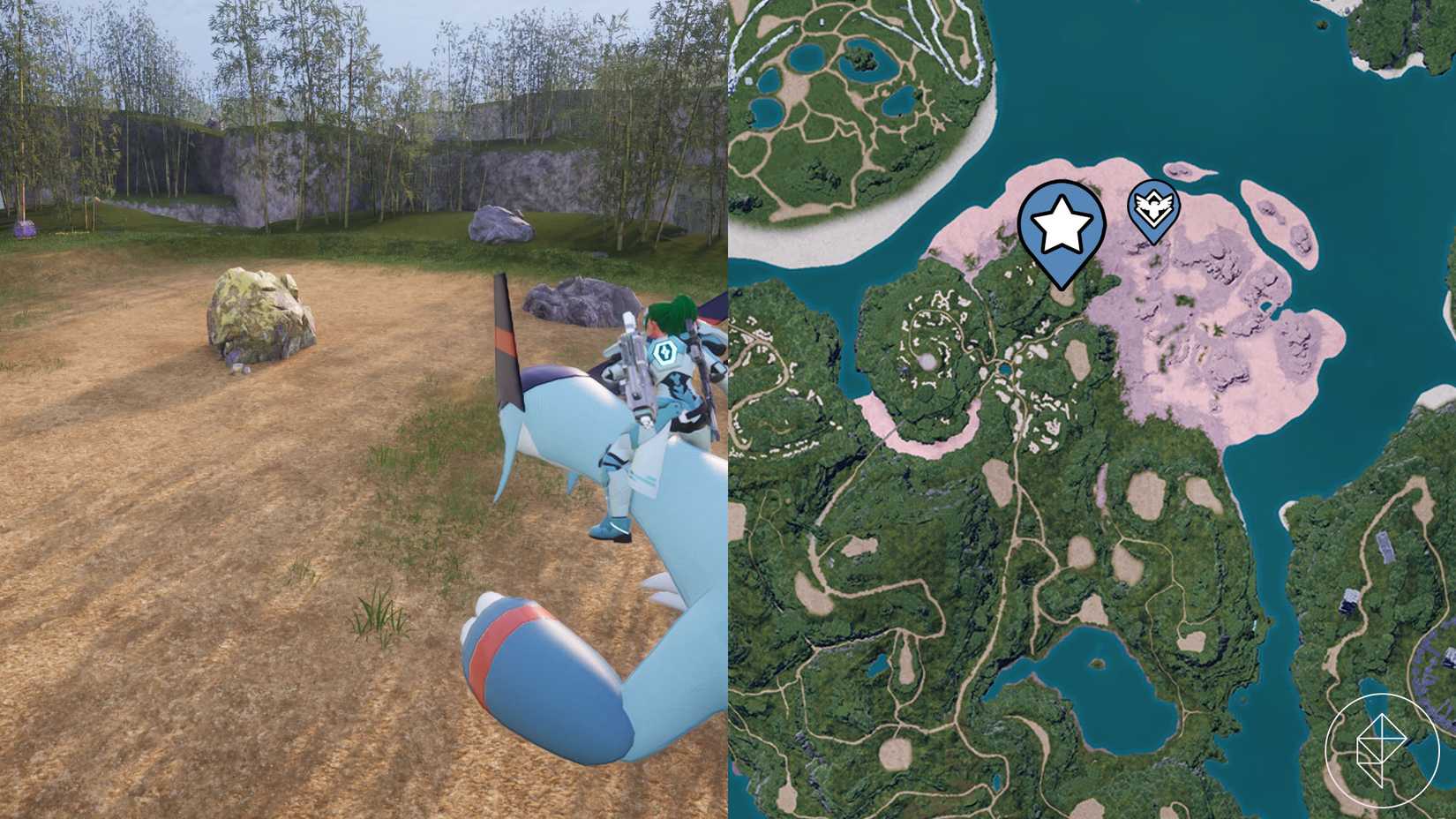 A montage of two Palworld screenshot showing the location of a sulfur node