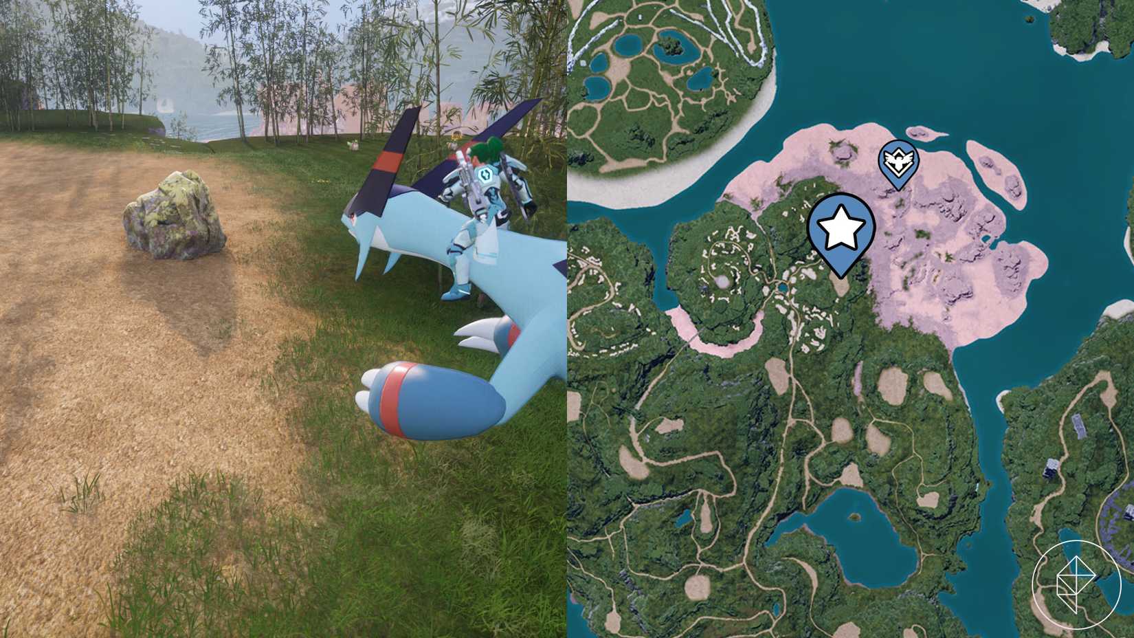A montage of two Palworld screenshot showing the location of a sulfur node