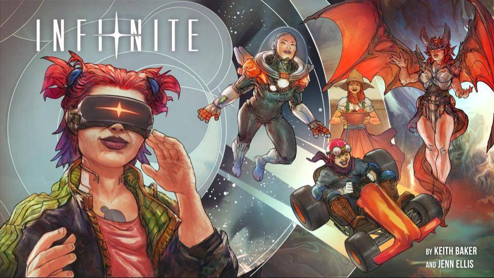 A woman uses a VR headset while versions of her in the background take on the role of a racer, a demon, a farmer, and a