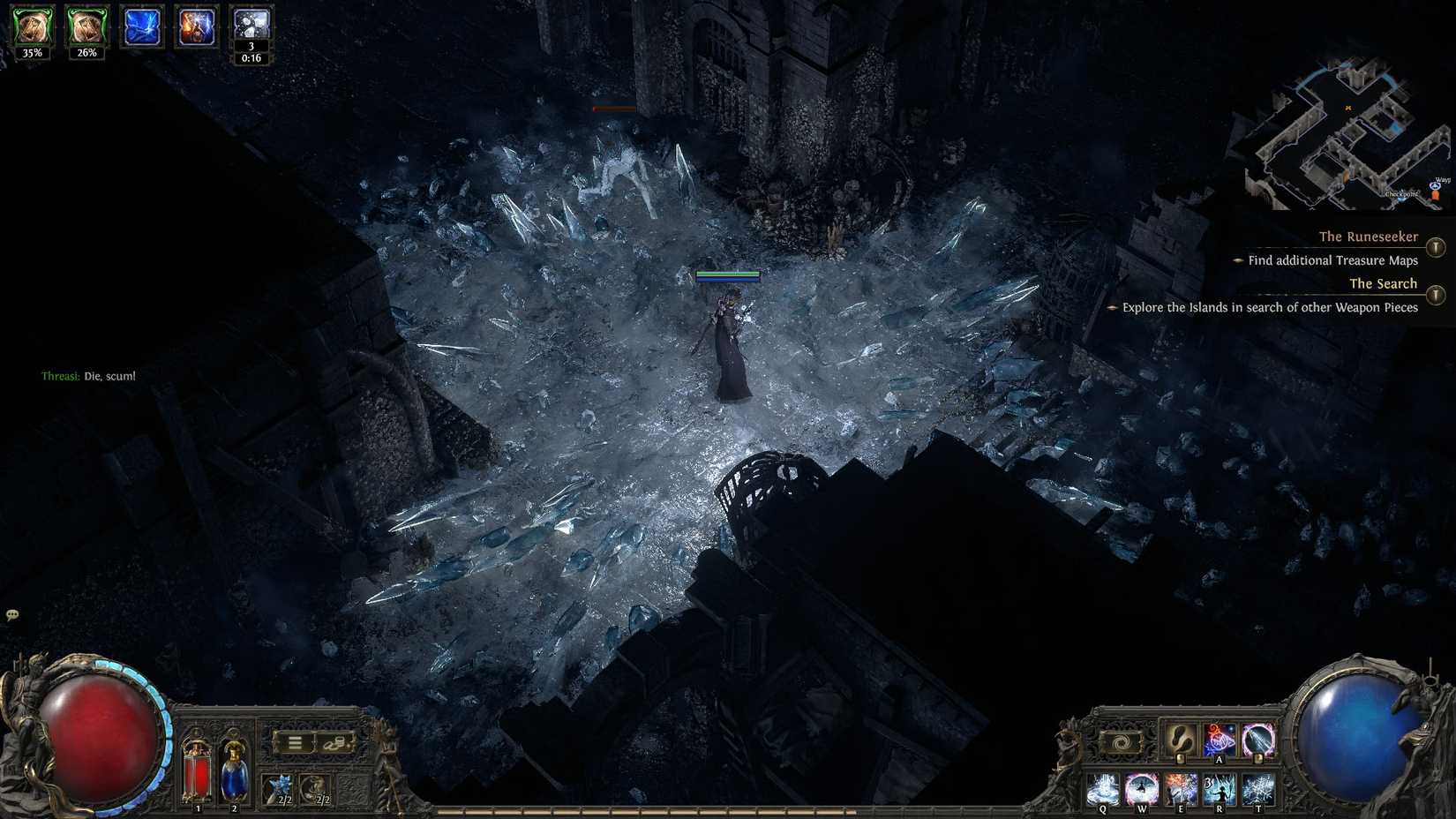 Path of Exile 2 screenshot showing a Chronomancer surrounded by ice