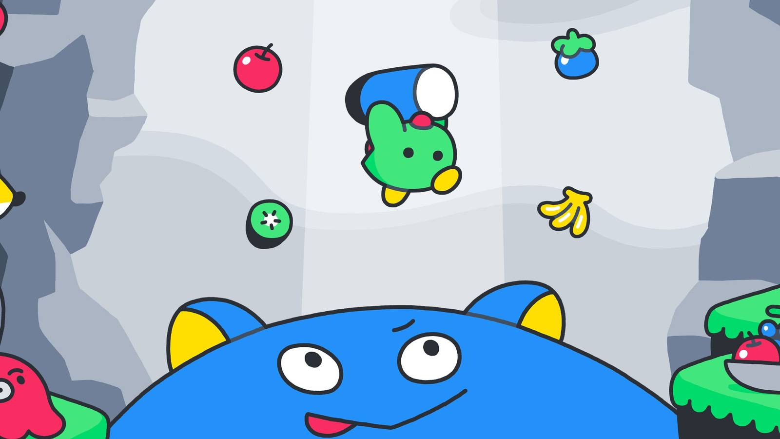 A character jumps in the air in Poinpy key art.
