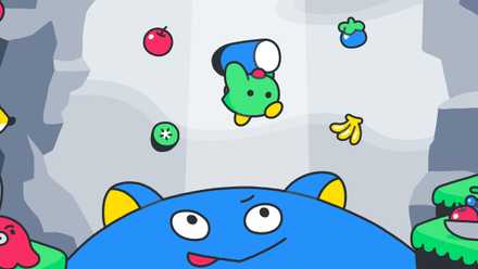 A character jumps in the air in Poinpy key art.