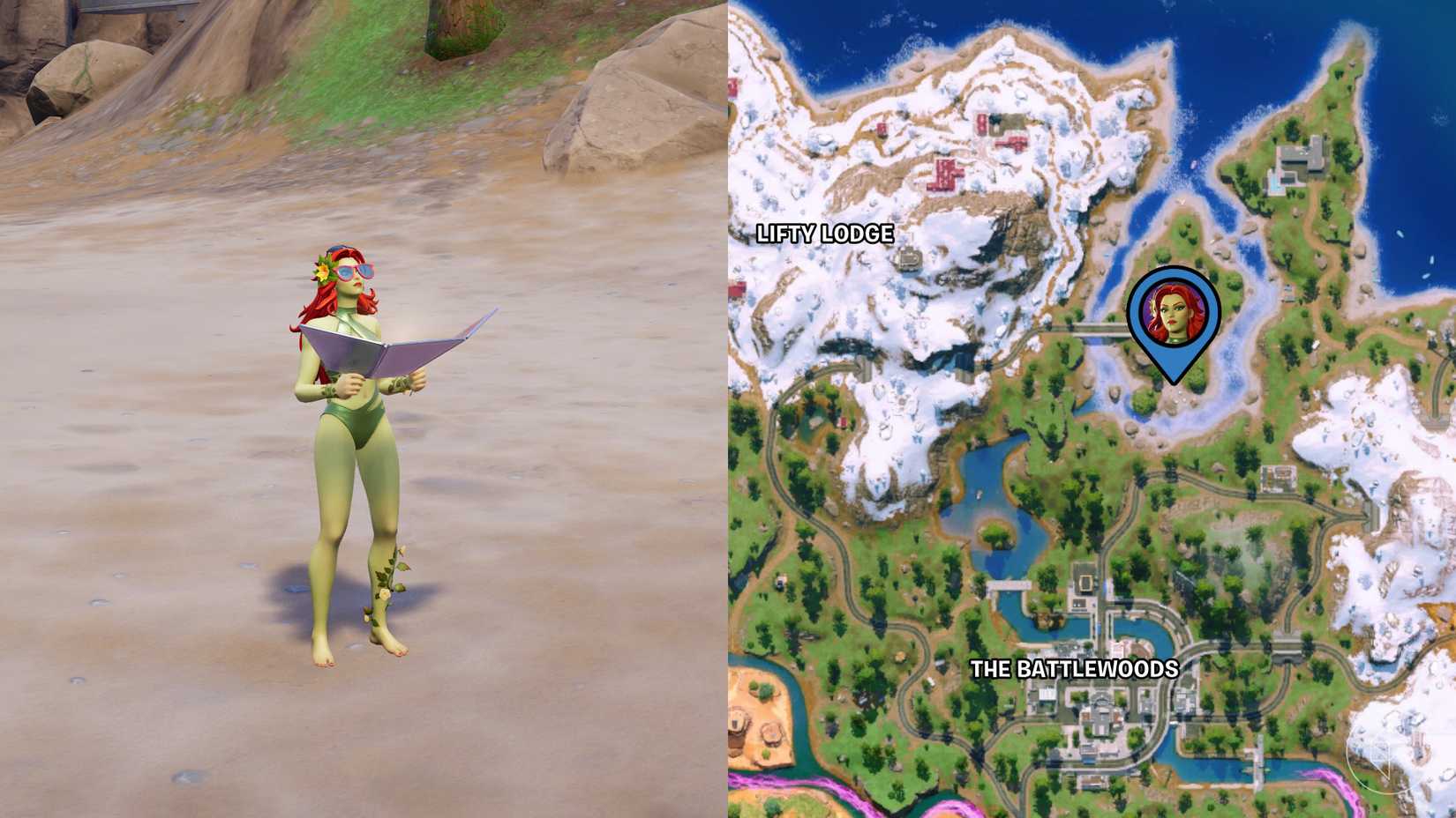 Poison Ivy, một phụ nữ với làn da xanh và mái tóc đỏ, đang tắm nắng trên bãi biển trong Fortnite cùng với vị trí của cô ấy được đánh dấu trên bản đồ.