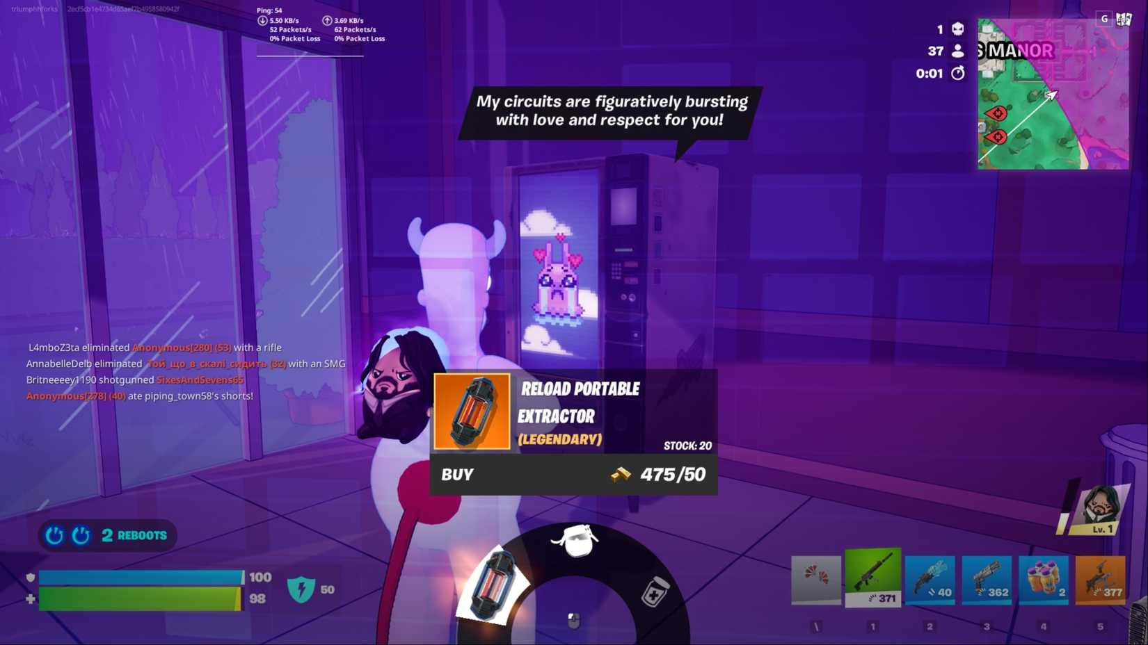 purcahsing a reload portable extractor at a vending machine in fortnite