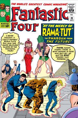 Pharaoh Rama-Tut holds Sue Storm captive having enslaved the rest of the Fantastic Four on the cover of Fantastic Four #19