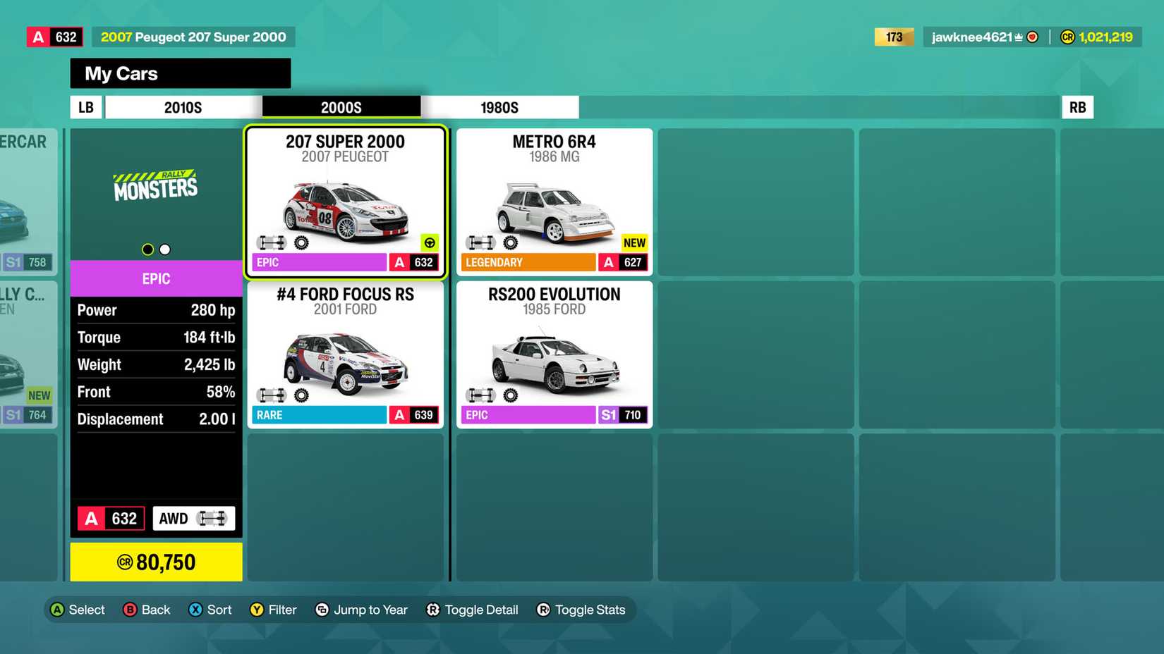 A listing of cars sorted by year in Forza Horizon 6.