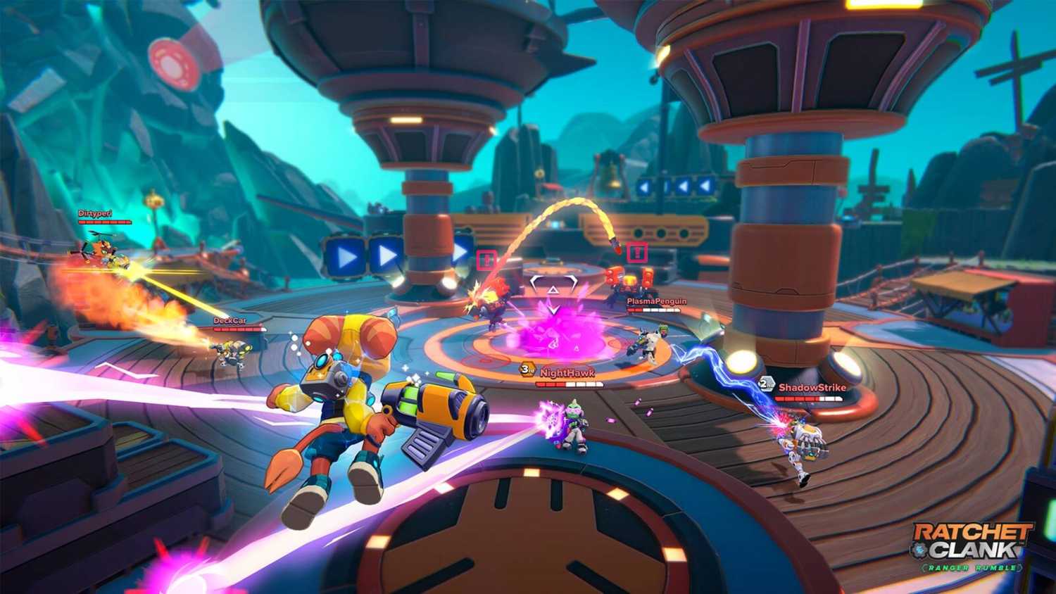 The player jumping into a fight in Ratchet & Clank: Ranger Rumble.