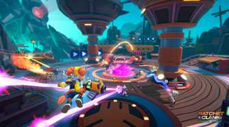 The player jumping into a fight in Ratchet & Clank: Ranger Rumble.