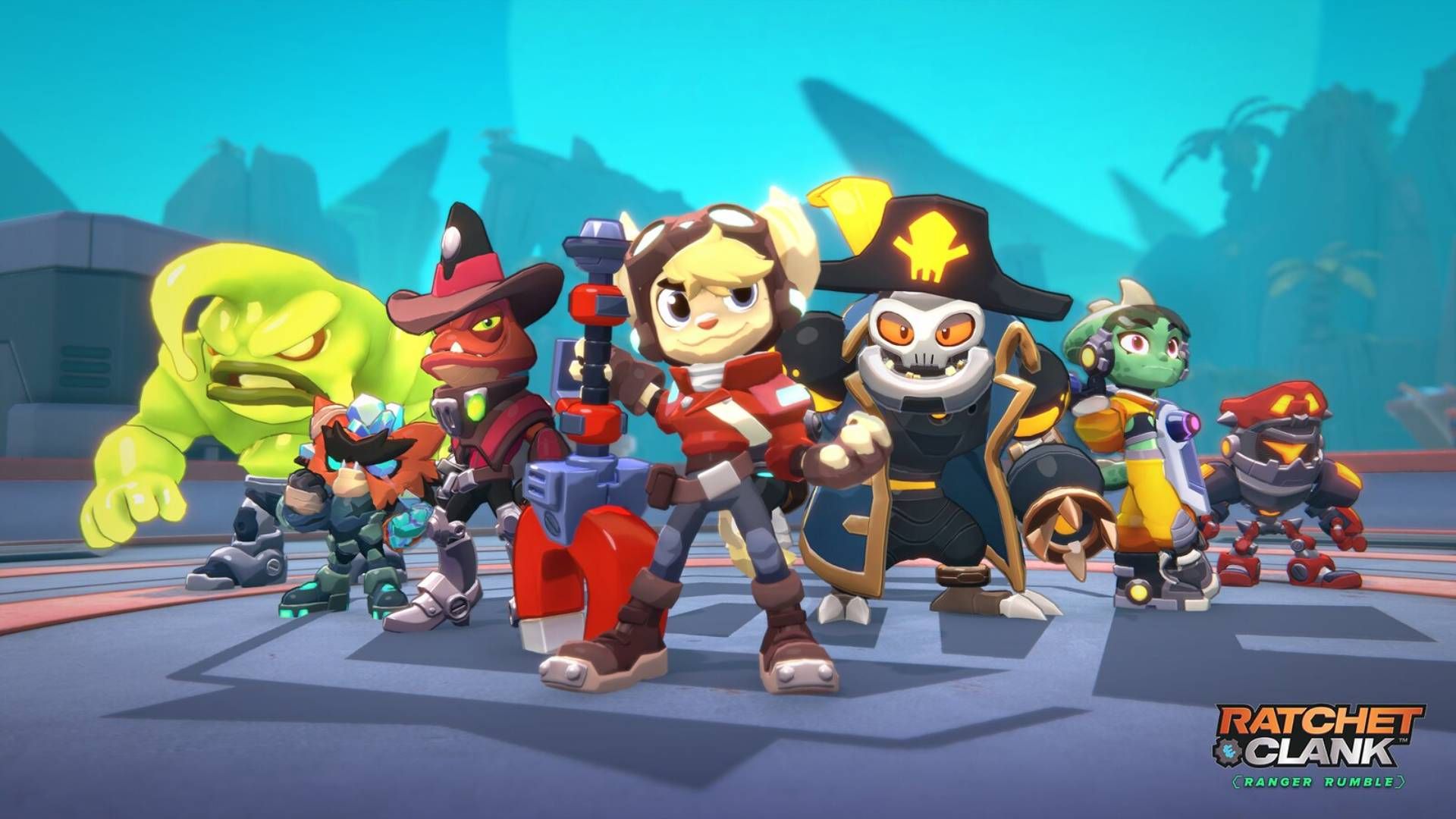 Six heroes in Ratchet & Clank: Ranger Rumble standing in line.