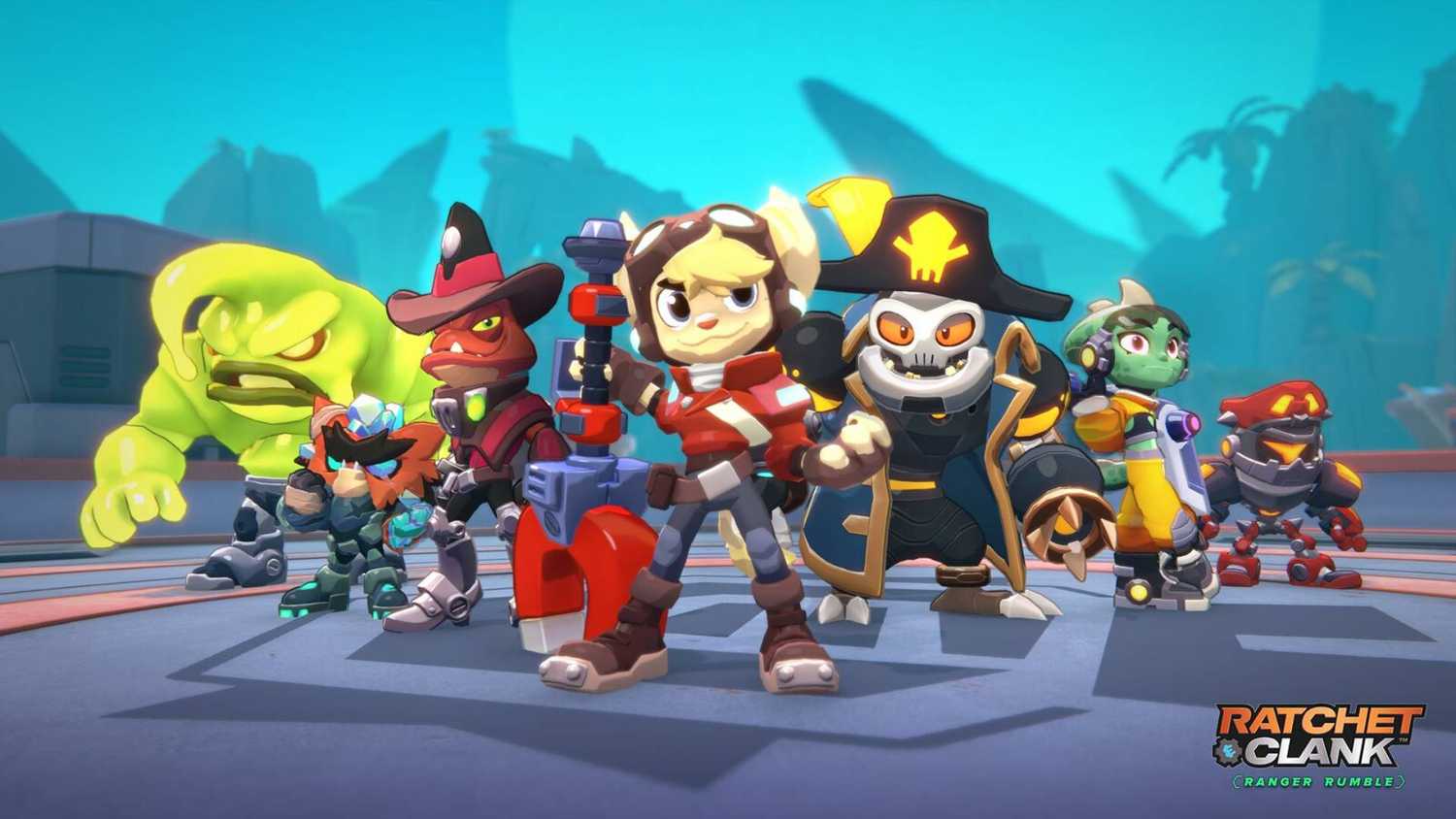 Six heroes in Ratchet & Clank: Ranger Rumble standing in line.