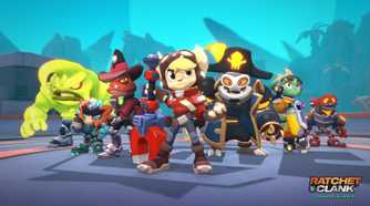 Six heroes in Ratchet & Clank: Ranger Rumble standing in line.