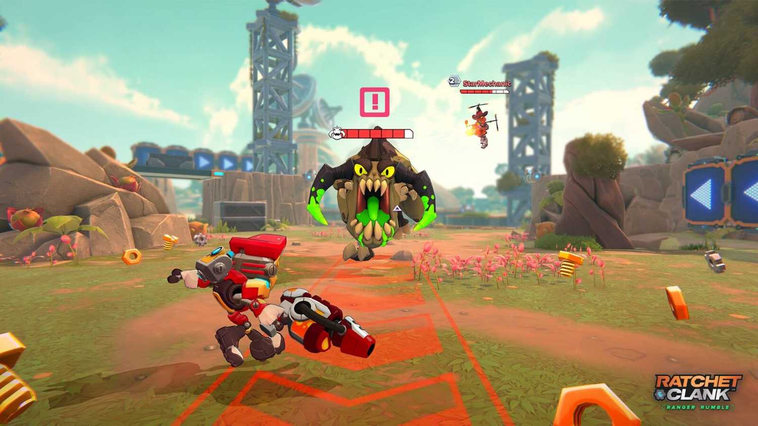 The player taking on a monster in Ratchet & Clank: Ranger Rumble.