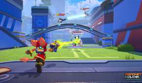 The player shooting another player in Ratchet & Clank: Ranger Rumble.