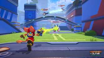 The player shooting another player in Ratchet & Clank: Ranger Rumble.