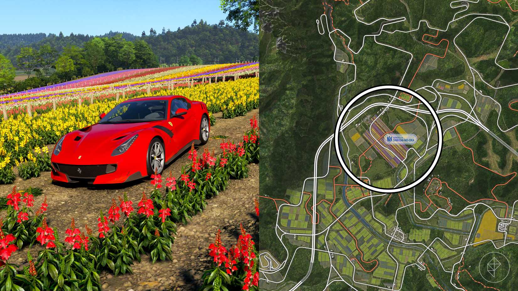 Vị trí của Shikisai-no-Oka được khoanh tròn trên bản đồ Forza Horizon 6