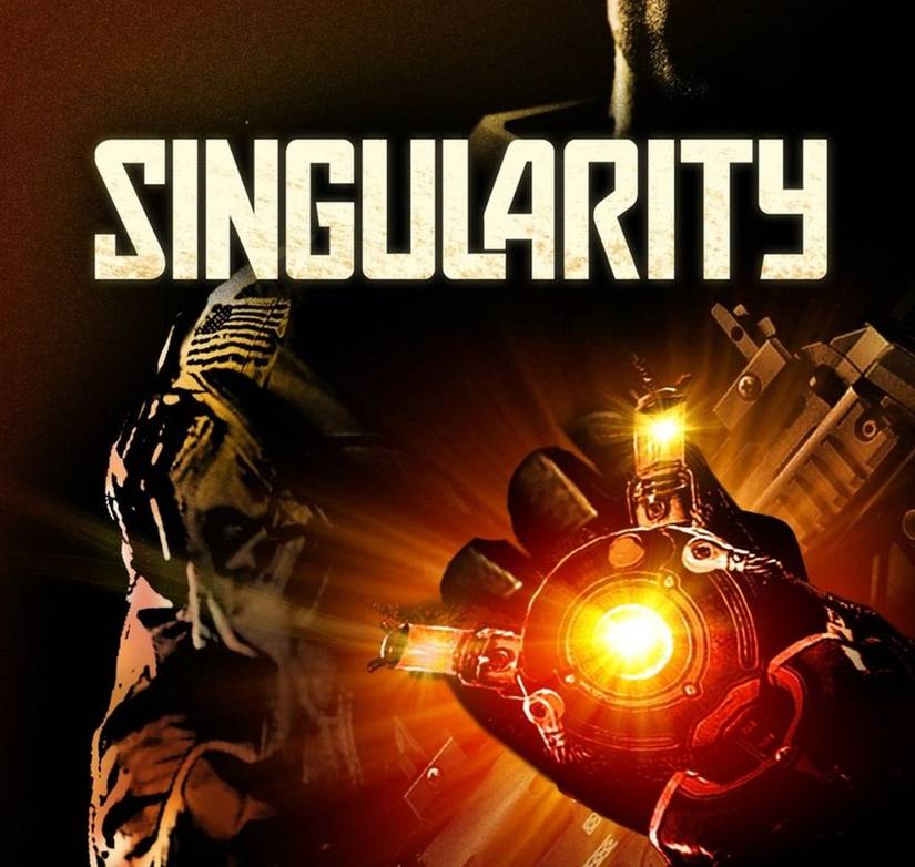 A sample from Singularity's cover showing a glowing power armor fist and the game logo.
