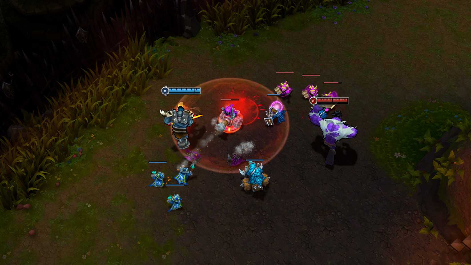 Sion and Dr. Mundo attacking minions in the top lane in League of Legends Classic.