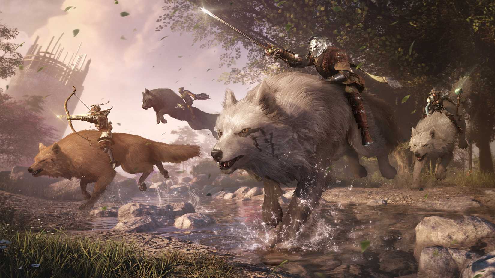 A group of four players rides mounts in Soulframe