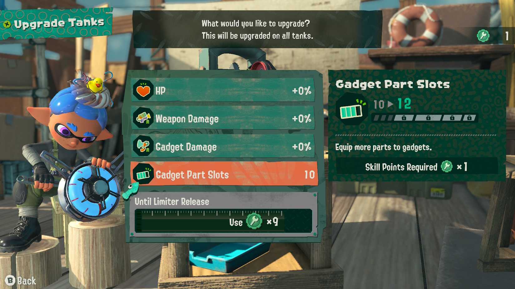 Menu nâng cấp trong Splatoon Raiders