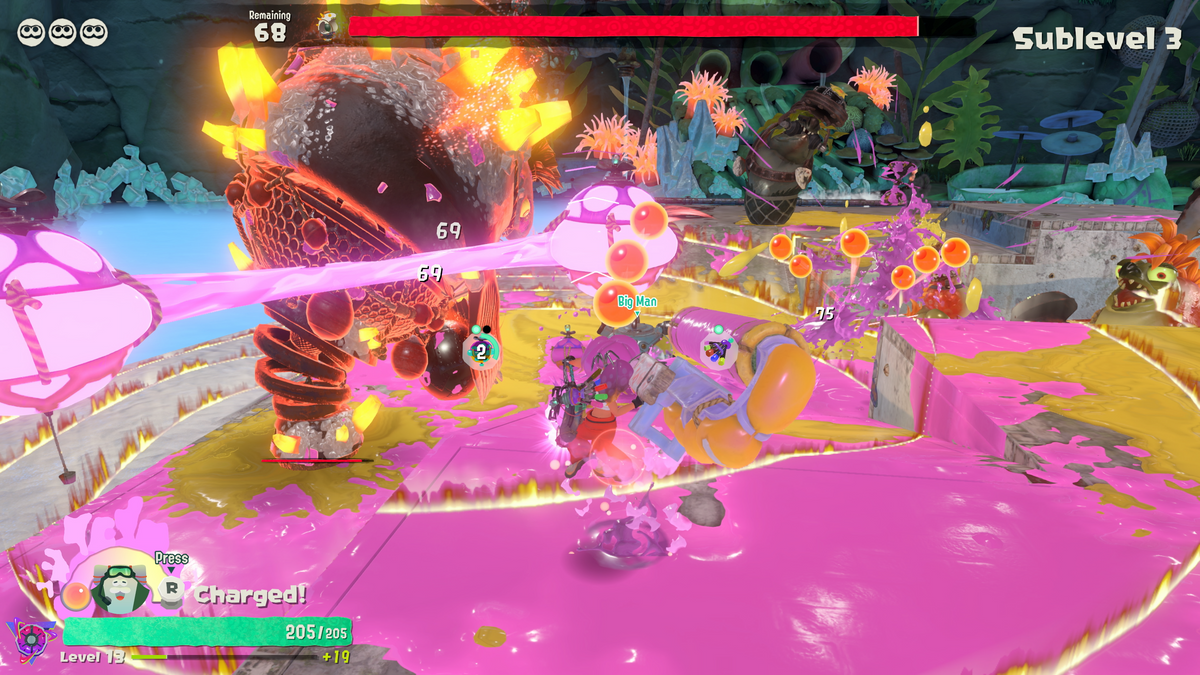 An Inkling shoots pink ink in Splatoon Raiders.