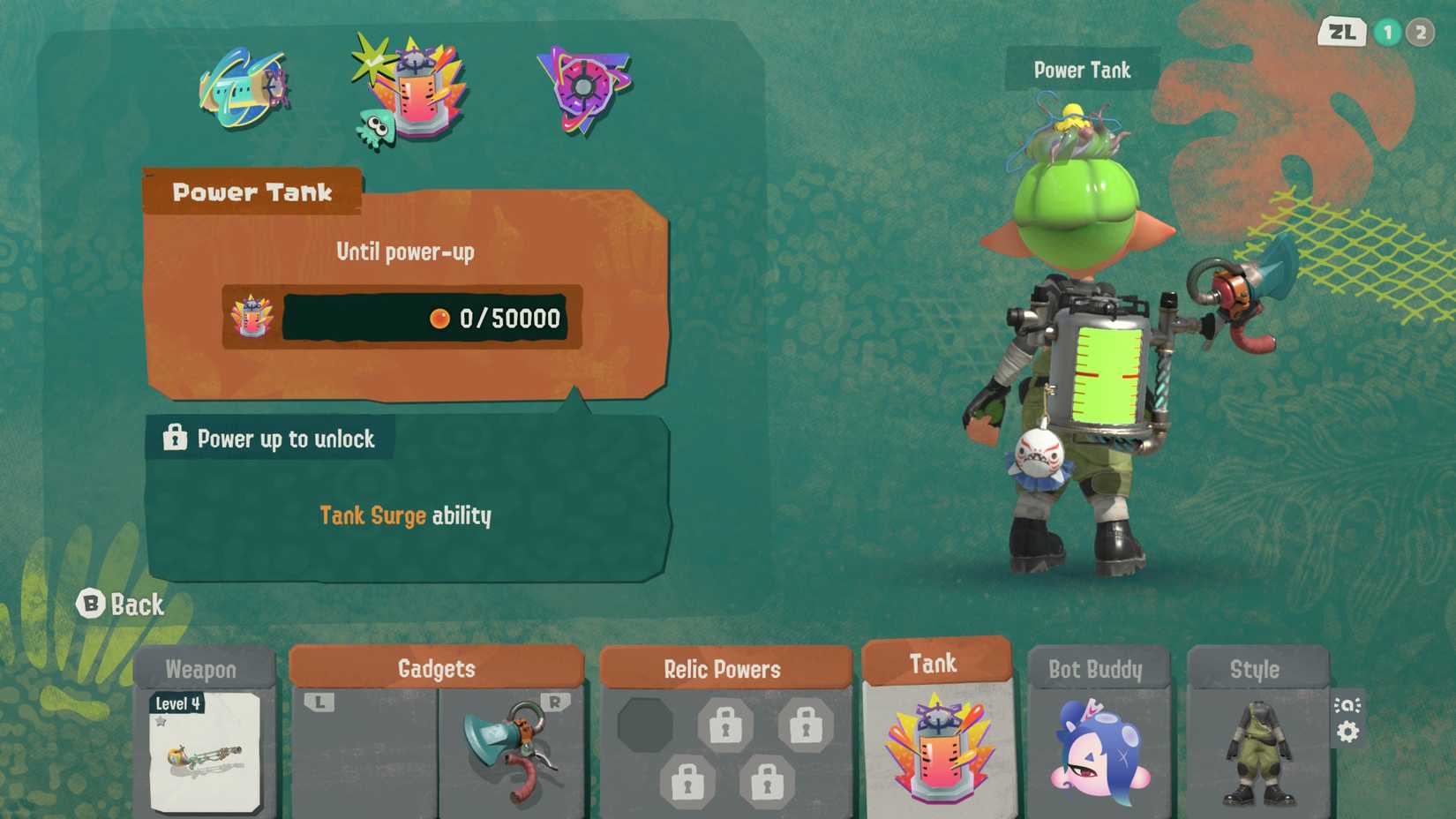 The tank menu in Splatoon Raiders