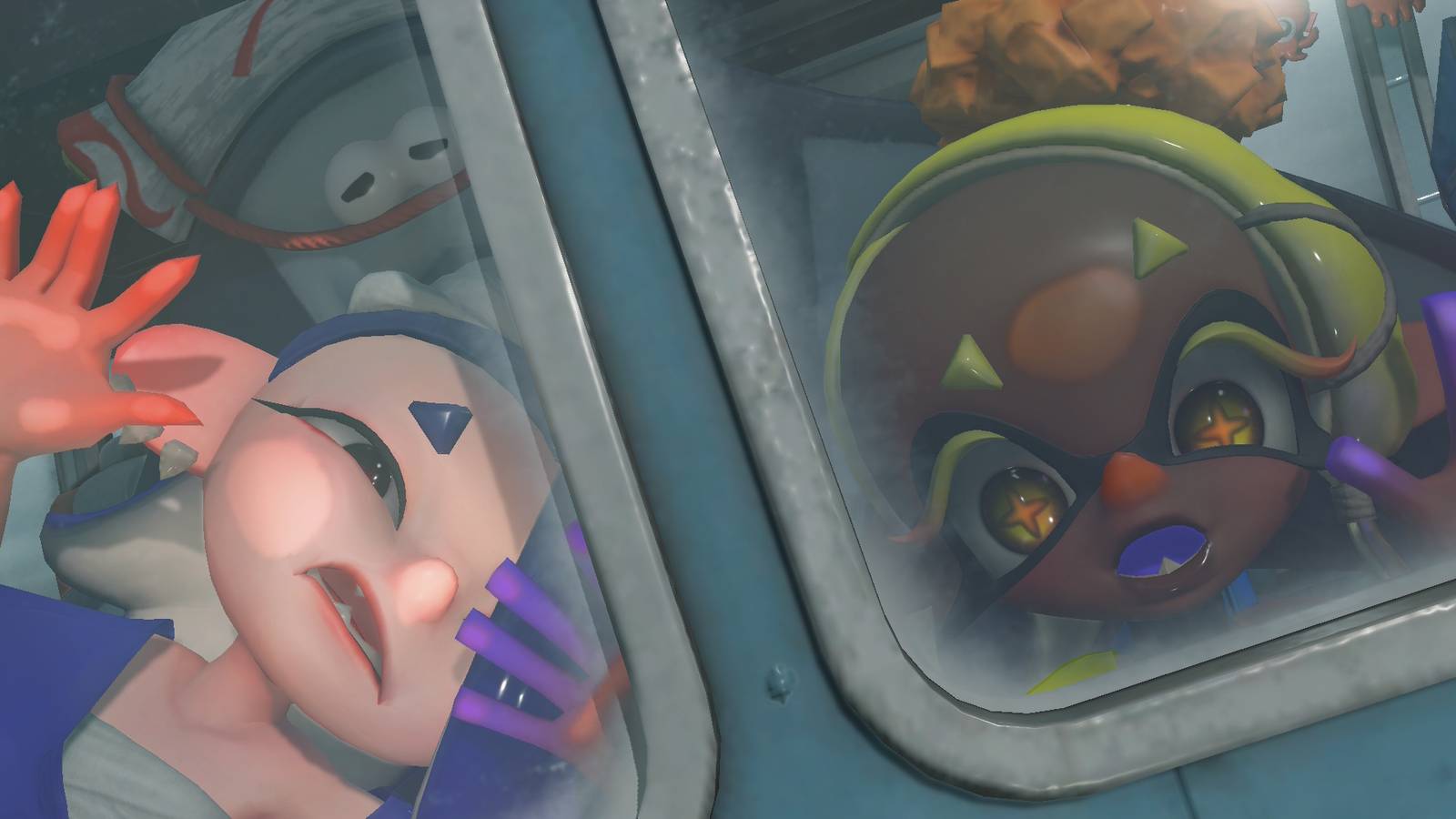 Frye, Shiver, and Big Man with their faces plastered to the windows of a helicopter