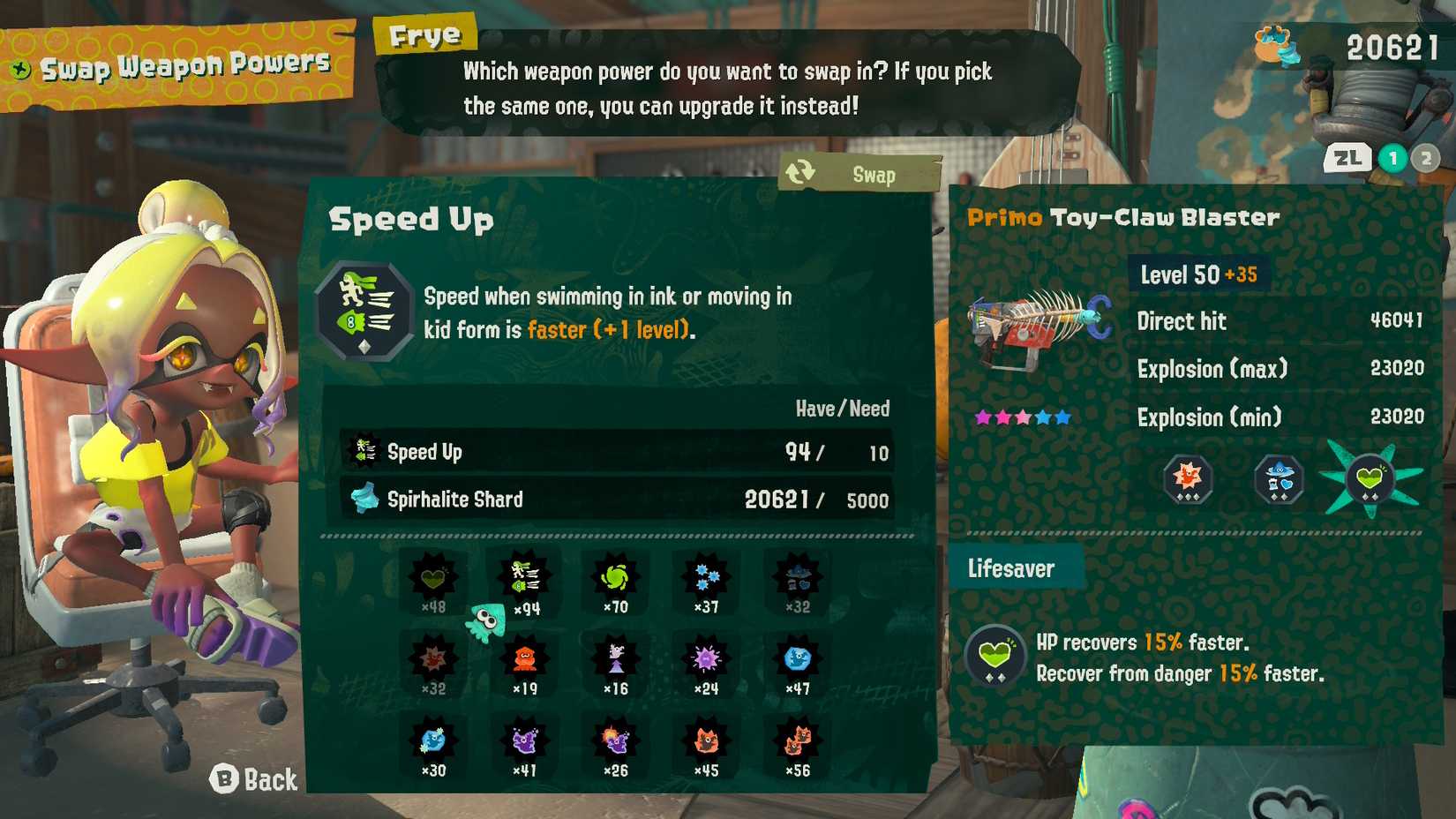 A player upgrades a weapon in Splatoon Raiders.