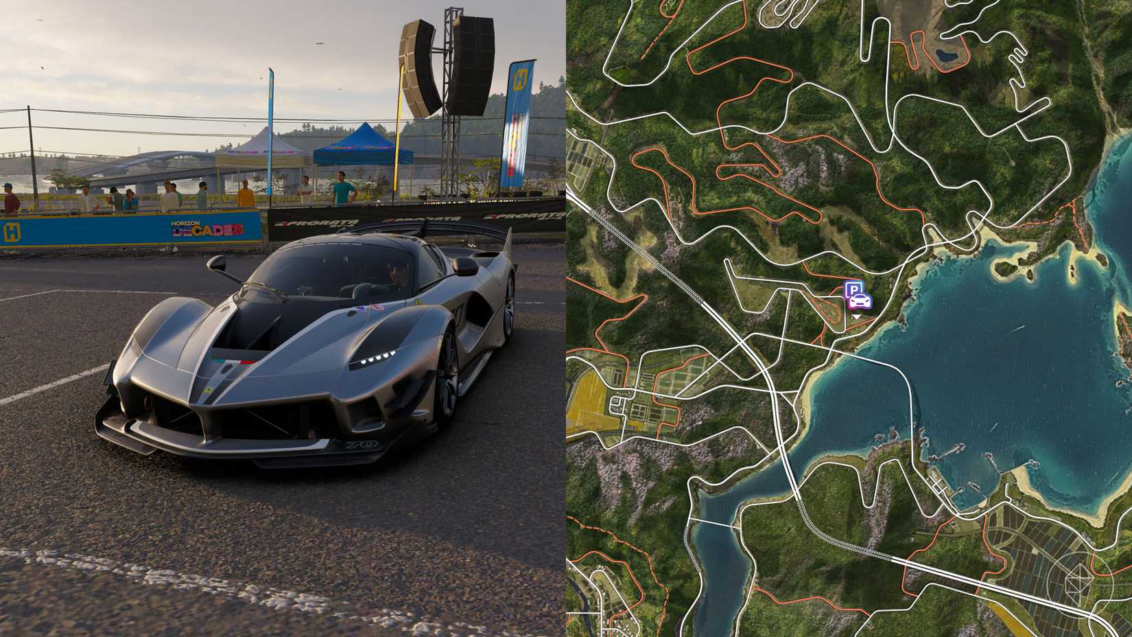 A sports car in a parking lot with its location marked on the Forza Horizon 6 map.